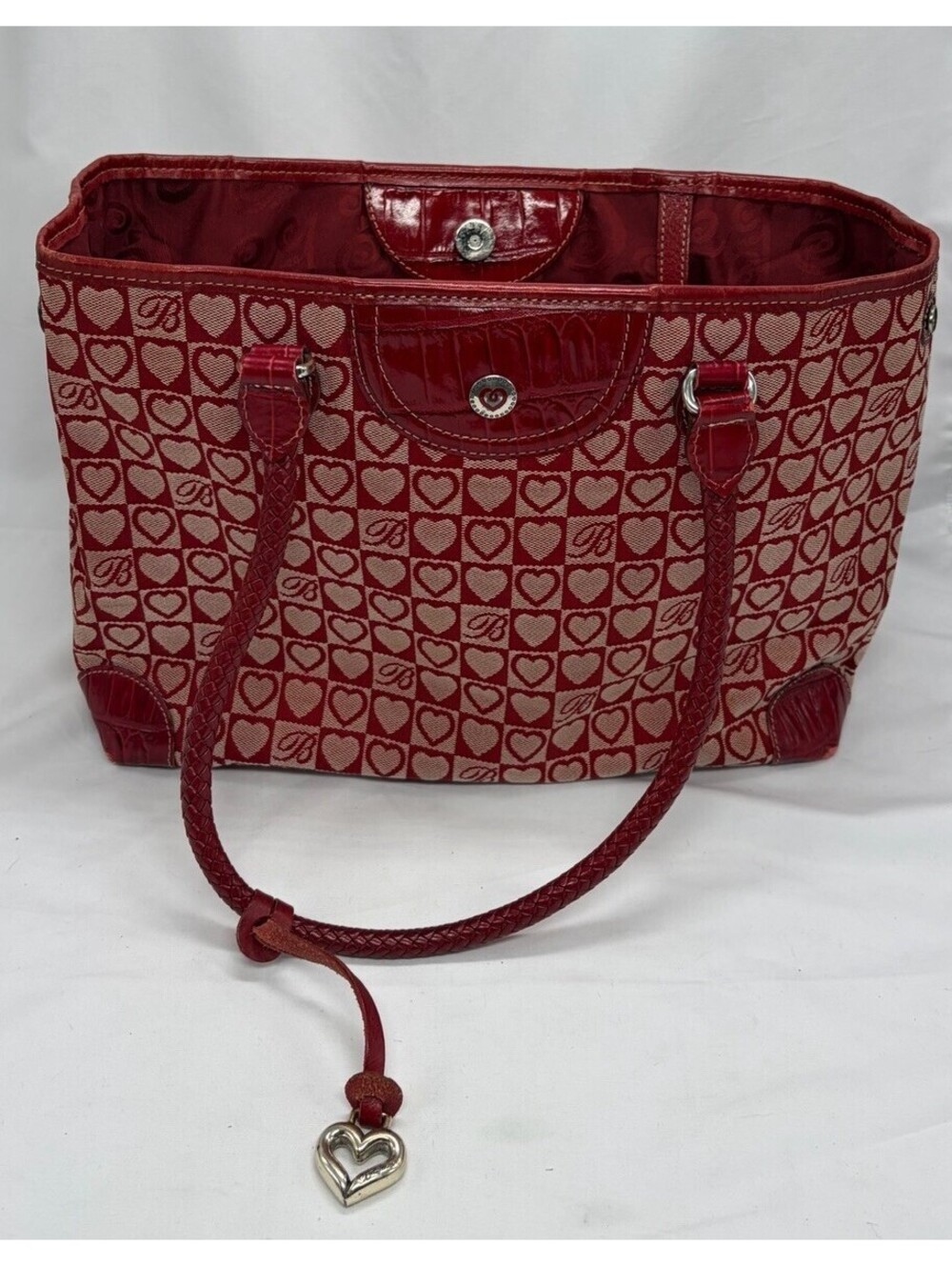 Brighton Red Shoulder Bag Purse Canvas Leather Braid Strap Silver